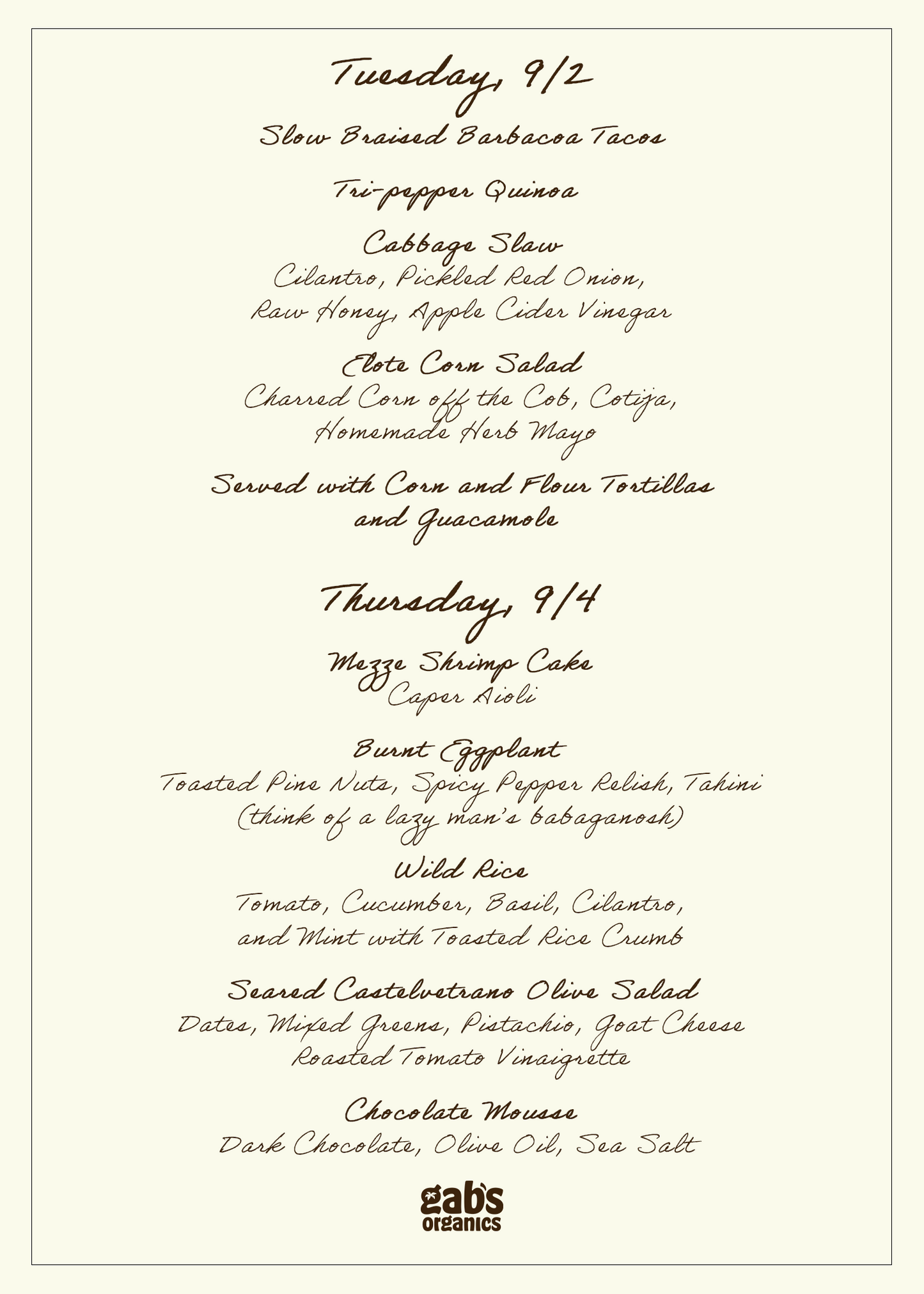 Menu for Tuesday 9/2 and Thursday 9/4